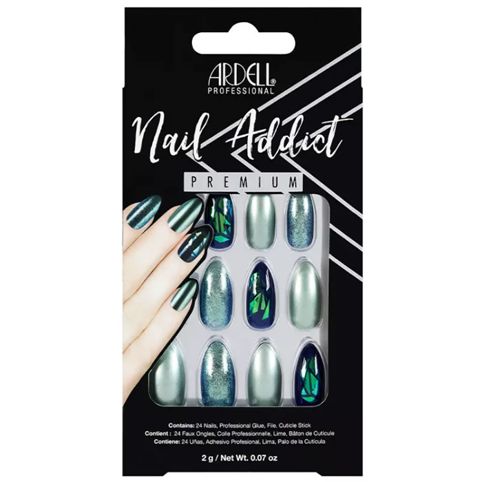 Ardell Nail Addict Uñas postizas cromadas con purpurina verde