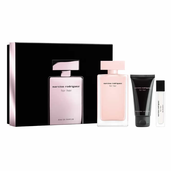 Narciso Rodriguez For Her parfumska voda v razpršilu 100 ml Škatla s 3 izdelki