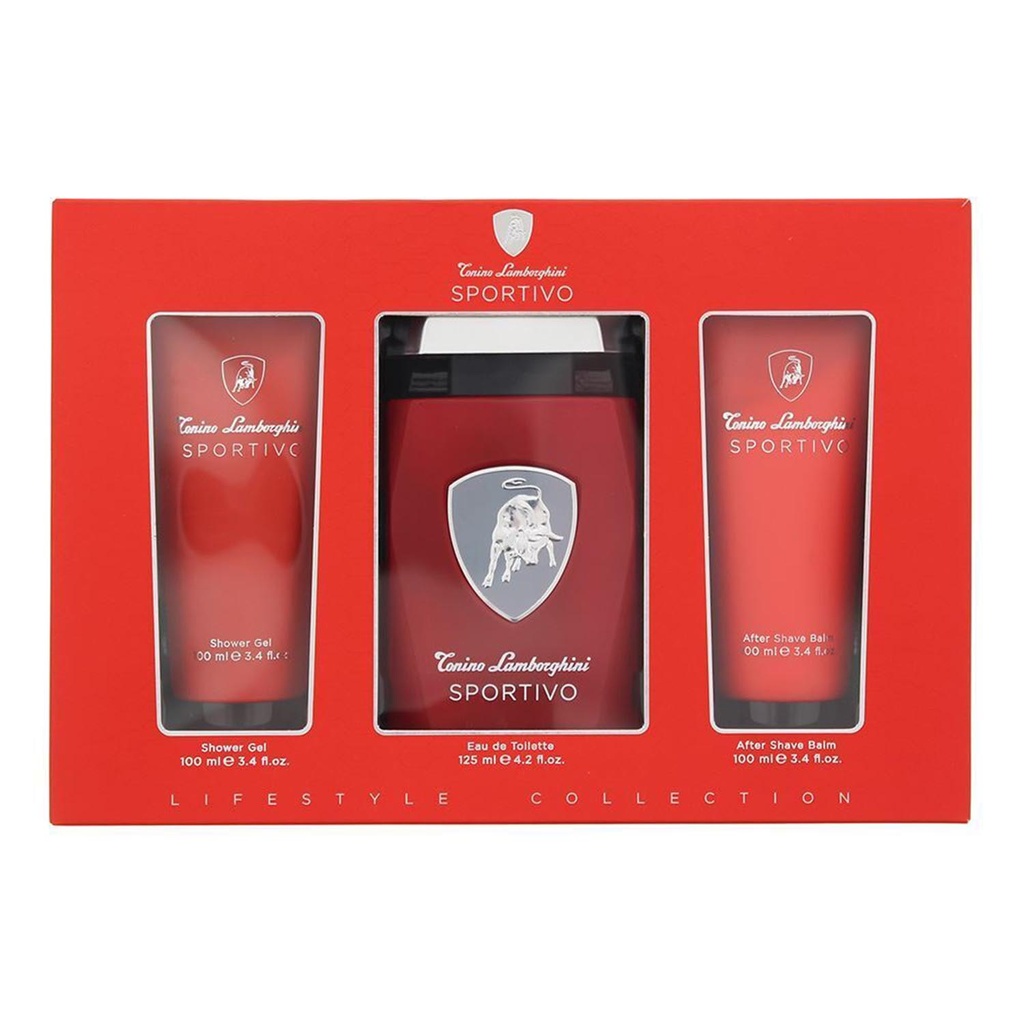 Tonino Lamborghini Sportivo Eau de Toilette 125 ml, Spray Gel De Baño 100 ml, Balsamo After Shave 100 ml