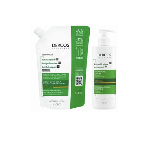 [333873] Vichy Dercos Droge Anti-Roos Shampoo 400ml + Eco Navulling 500ml